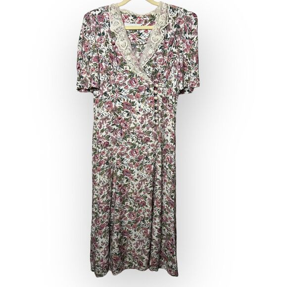 Jonathan Martin Vintage 80s Pastel Floral Lace Collar Cottagecore A-Line Dress - Picture 4 of 16